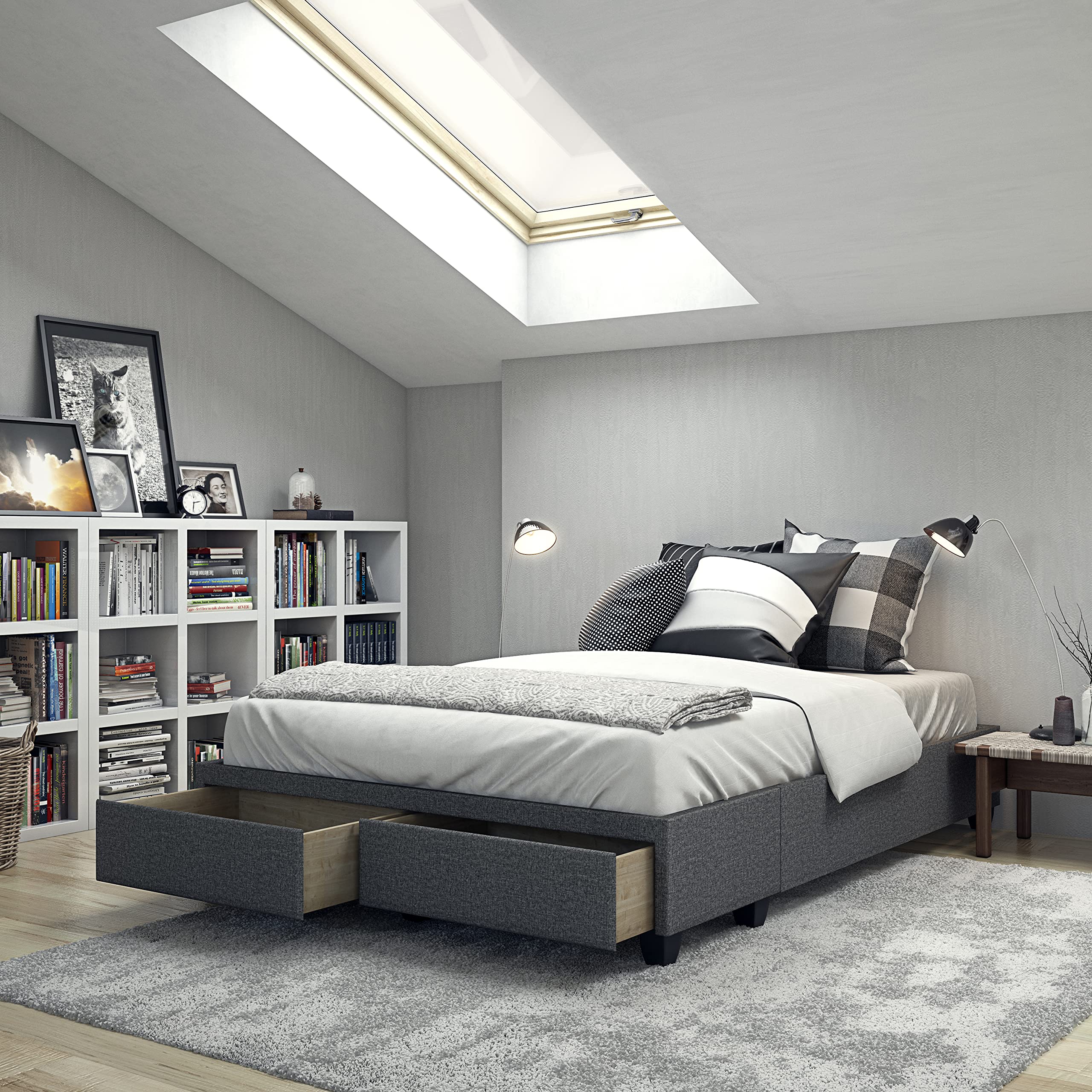 Boyd Sleep Modena Uplift Upholstered Platform Bed Frame Mattress Foundation, Dual Front Storage Drawers, and Strong Wood Slat Supports: Linen, Charcoal, Full